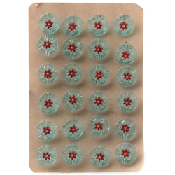 Czech vintage glass button Card (24) 13mm hand painted red flower turqoise buttons