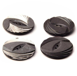 Czech Glass button lot (4) Art Deco 1920's swirl ribbed black silver lustre buttons 32mm
