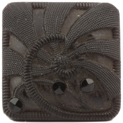 Antique Victorian Czech black glass button lacy floral square 18mm