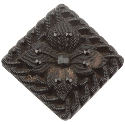 Antique Victorian Czech black glass button lacy style flower square 17mm