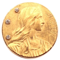 Antique Egyptian revival Art Nouveau gold metal lady rhinestone picture button "Mignon"