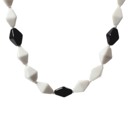 Vintage beaded necklace Czech black white chunky bicone glass beads floral clasp