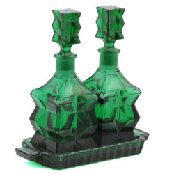 Vintage Czech Emerald green glass oil and vinegar condiment set