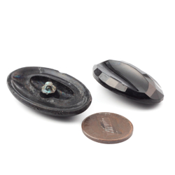 Lot (2) vintage Czech Art Deco oval black glass buttons