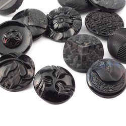 Lot (12) vintage Czech Art Deco geometric and flower black glass buttons 23mm