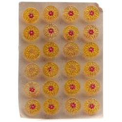 Card vintage Czech red hand painted flower golden amber glass buttons; (24) 18mm