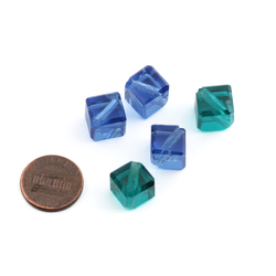Lot (5) Austrian D.S vintage sapphire blue and aqua green cube faceted glass beads 11mm