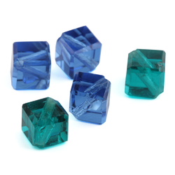 Lot (5) Austrian D.S vintage sapphire blue and aqua green cube faceted glass beads 11mm