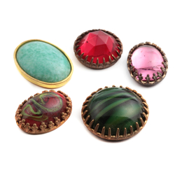 5 Czech vintage bezel set round and oval glass cabochons and rhinestone