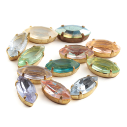 12 Czech vintage oval marquise prong set assorted glass rhinestones 15x7mm