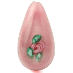 Vintage Czech pink satin floral teardrop lampwork glass bead 20mm