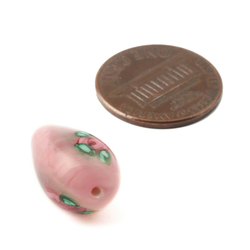 Vintage Czech pink satin floral teardrop lampwork glass bead 20mm