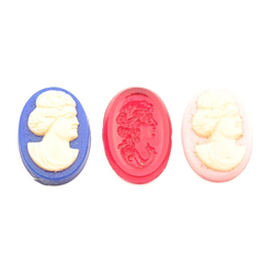 3 vintage plastic figural floral cameo cabochons 16mm