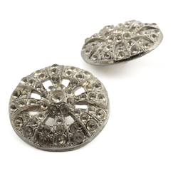 Lot (2) vintage Czech Art Deco style silver metal crystal glass rhinestone buttons