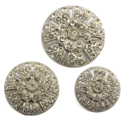 Set 3 vintage Czech Art Deco style flower silver metal crystal glass rhinestone buttons