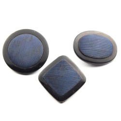 3 Czech antique blue iridescent imitation fabric ribbed black glass buttons