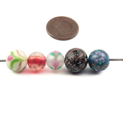 5 Vintage lampwork glass beads Czech marble goldstone opaline satin floral