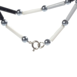 Vintage 44" necklace Czech grey white black plastic bugle metallic glass beads