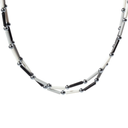 Vintage 44" necklace Czech grey white black plastic bugle metallic glass beads