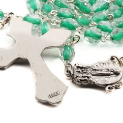 Handmade 5 decade rosary with green lined glass beads and Italian crucifix 