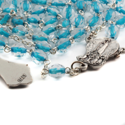 Handmade 5 decade rosary pale blue lined glass beads and Italian crucifix 