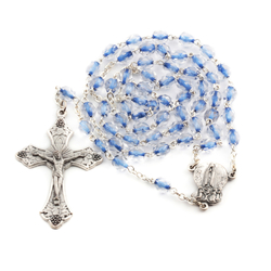 Handmade 5 decade rosary blue lined crystal glass beads and Italian crucifix 
