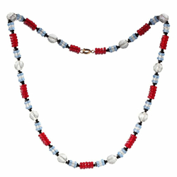 Vintage Art Deco necklace Czech red blue crystal rondelle round glass beads