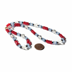 Vintage Art Deco necklace Czech red blue crystal rondelle round glass beads
