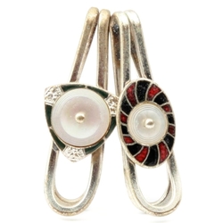 2 Vintage Czech Deco enamel and mother of pearl glass bead scarf shoe tie clip pins hair slides