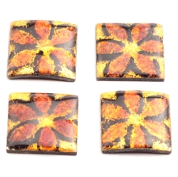 4 vintage Czech amber flower glass over metal square cabochons mosaic tiles 16mm