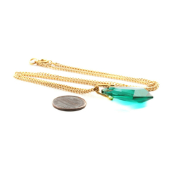 Vintage Czech gold chain necklace green shield faceted pendant bead