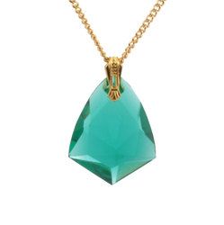Vintage Czech gold chain necklace green shield faceted pendant bead