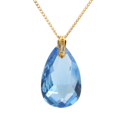 Vintage Czech gold chain necklace Sapphire blue teardrop glass pendant bead