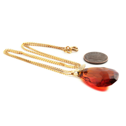 Vintage Czech gold chain neckace Amber Topaz teardrop faceted glass pendant bead