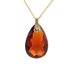 Vintage Czech gold chain neckace Amber Topaz teardrop faceted glass pendant bead