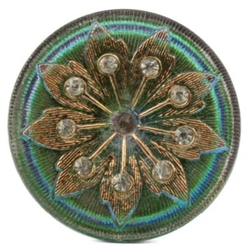 Czech metallic iridescent lacy style rhinestone floral glass button 1.5"