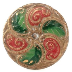 Large Czech reverse painted floral lacy style glass button gold red green 37mm