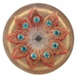 Large Czech floral lacy style aqua rhinestone glass button bronze 38mm
