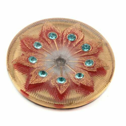 Large Czech floral lacy style aqua rhinestone glass button bronze 38mm