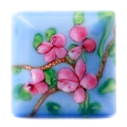 Vintage Czech floral aventurine lampwork blue square glass cabochon 16mm