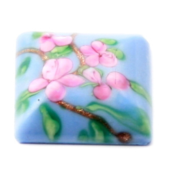 Vintage Czech floral aventurine lampwork blue square glass cabochon 16mm