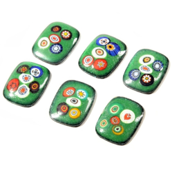 Lot (6) antique Czech millefiori glass over metal green mosaic rectangle cabochons 21mm