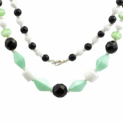 Vintage Czech necklace Uranium satin bicone green striped flower glass beads