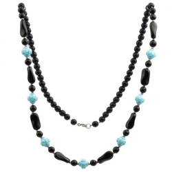 Vintage Czech necklace black lustre blue flower glass beads