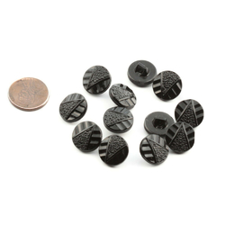 Lot (12) Czech Vintage geometric floral Deco style black glass buttons 14mm 