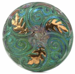 Large Czech floral lacy style glass button gold iridescent blue 37mm