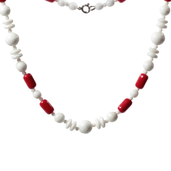 Vintage choker necklace Czech white round rondelle red cylinder glass beads