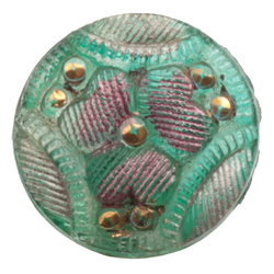 Antique 1800's Czech gold gilt hand painted floral lacy green glass button 12mm