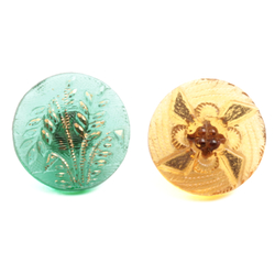 Lot (2) Antique 1800's Czech gold gilt floral geometric transparent glass buttons