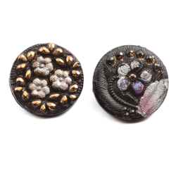 Lot (2) Antique 1800's Czech hand painted gold gilt black flower glass buttons 13mm